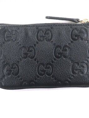 Gucci Leather GG Emblem Key Pouch Coin Case Black Gold Box Stora